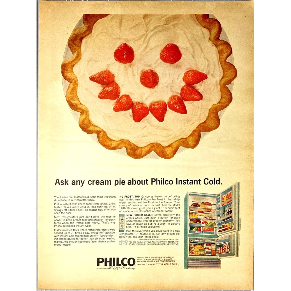 Philco Instant Cold Refrigerators "Ask any cream pie about Instant Cold" Ad 1965
